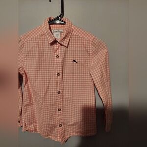 Tommy Bahama Pink Gingham Check Long Sleeve Button Up Shirt Boys M 7/8 Cotton